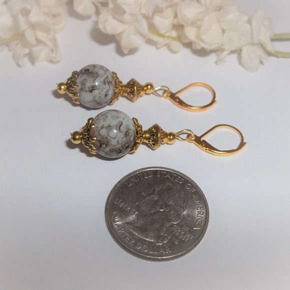 Gold Brown White Beaded Dangle Earrings Set Lever Back Gift Idea for Her 7134 - Picture 5 of 8